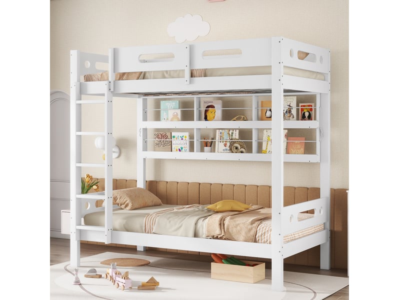  Lit superposé enfant 90x200 cm avec étagères et échelle 5 marches, blanc  - Conforama D