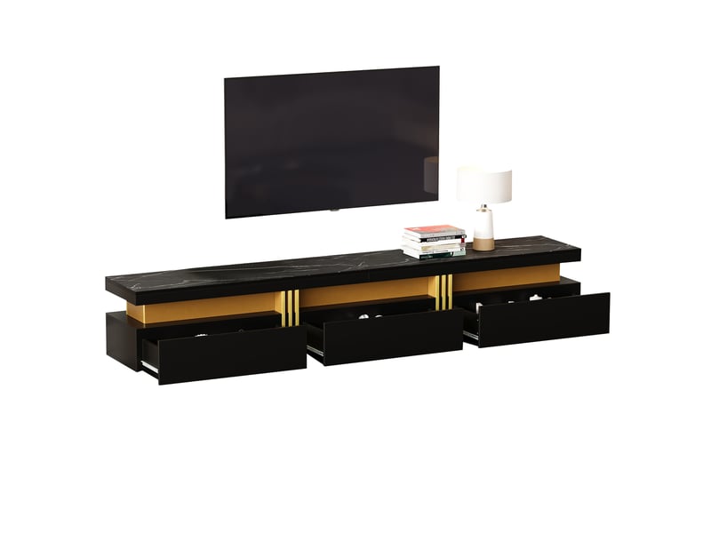  Meuble tv 200 cm noir effet marbre 3 tiroirs  - Conforama A