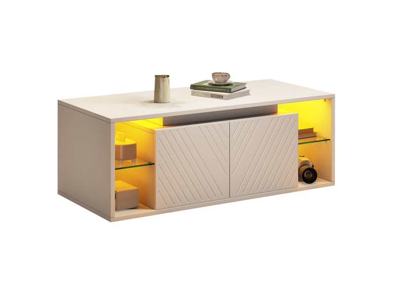  Table basse 100x50x41 cm avec led et rangement, table de salon, pour le salon, panneau de particules, couleur blanche  - Conforama A