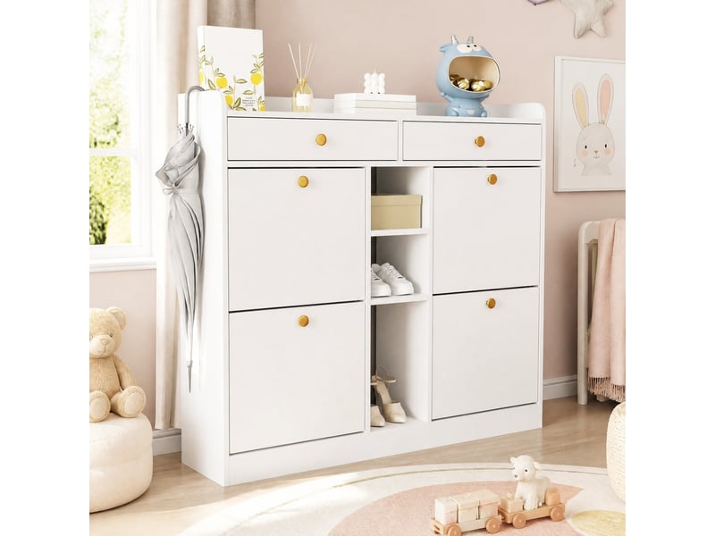 Meuble à chaussures avec 4 portes abattantes, 2 tiroirs et 3 niches à faible profondeur pour entrée, blanc, 110×26×100 cm  - Conforama B