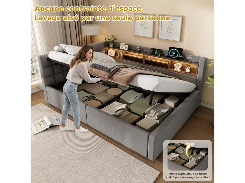  Canapé-lit coffre 140x200cm - avec lumière led - avec étagères et port usb - gris (matelas non inclus)  - Conforama R