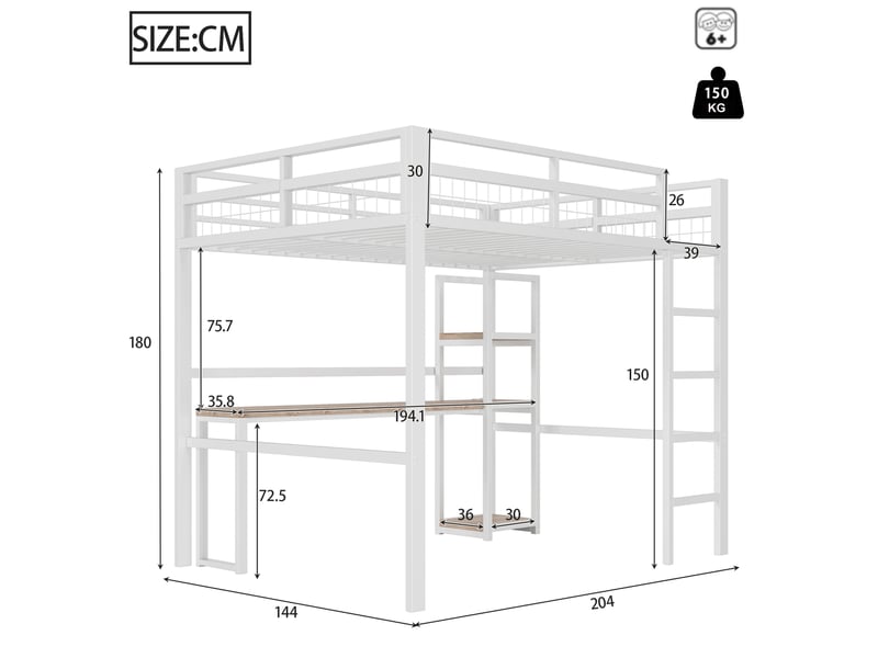  Lit mezzanine enfant 140x200 cm, bureau, étagère, charge, garde-corps, sommier, métal blanc, sans matelas  - Conforama C