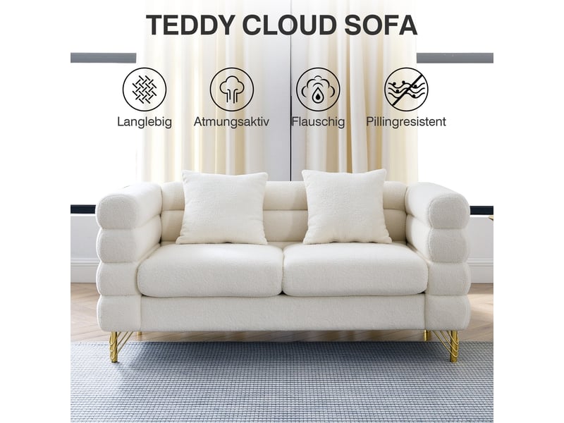  Canapé nuage droit 3 places, bouclé blanc, dossier ondulé nuageux, pieds métal dorés, coussins décoratifs, 205,7x81x71 cm, blanc Morn Vibe - Conforama E