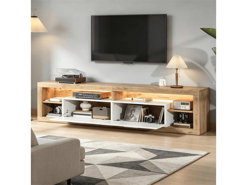  Meuble tv bas 180x35,5x50 cm pour tv 75 pouces, led, 2 tiroirs, 4 niches ouvertes, passe-câbles, panneaux de particules – bois naturel et blanc  - Conforama E