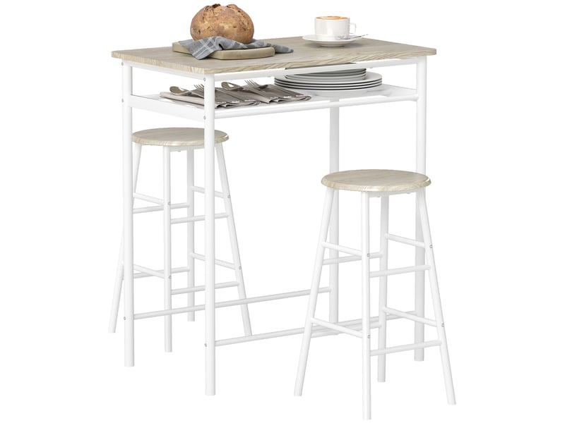  Ensemble table de bar avec tabourets, table à manger debout avec 2 chaises, étagère et pieds  - Conforama B