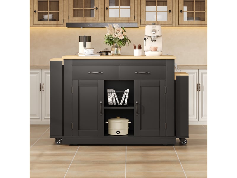 Îlot de cuisine mobile avec 2 plateaux extensibles et prises intégrées - rangements mdf noir 142 × 55 × 93 cm - Conforama B