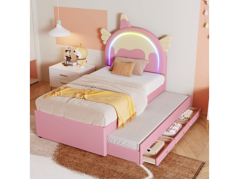 Lit gigogne 90x200 cm - lit enfant licorne avec lit gigogne - pu + mdf - sans matelas - rose  - Conforama B