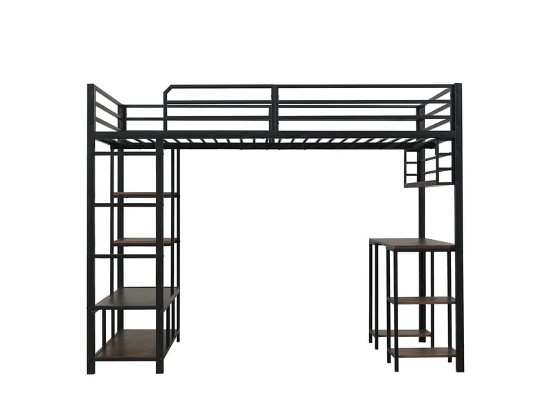 Lit mezzanine 120x200 en fer et bois avec bureau intégré et rangement, échelle 4 marches, noir et noyer - Conforama A