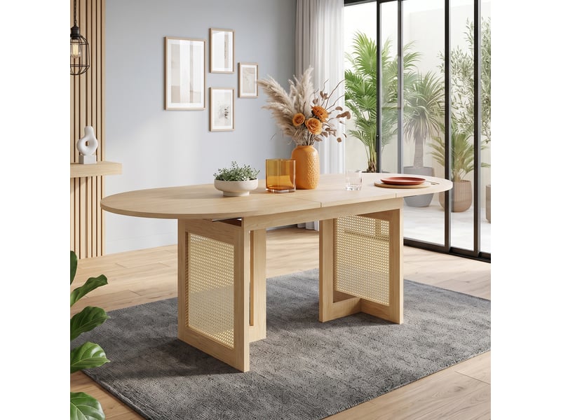 Table à manger extensible, chêne, 150200 × 90 cm, 6-8 personnes, coins arrondis, plateau épais, pieds en rotin - Conforama B