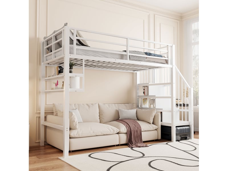  Lit mezzanine enfant 90x200 cm avec rangements et échelle blanc  - Conforama B
