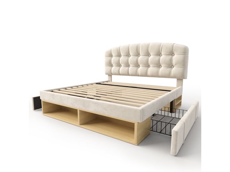 Lit double rembourré 140 x 200 cm avec tiroirs, rangements et tête de lit réglable, velours beige, sommier à lattes Fay Lum - Conforama A