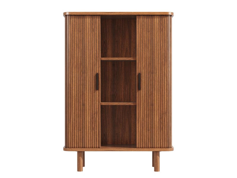 Armoire haute marron foncé avec porte à volet, façade rainurée et pieds en bois massif - Conforama A