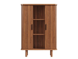 Armoire haute marron foncé avec porte à volet, façade rainurée et pieds en bois massif