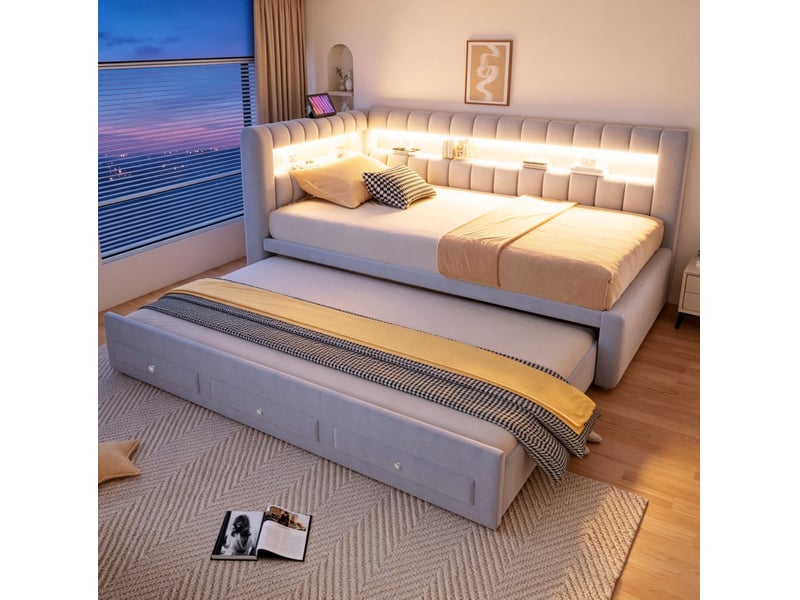  Lit banquette modenvie 90 x 190 cm gigogne avec tiroirs led usb type-c velours gris clair  - Conforama E