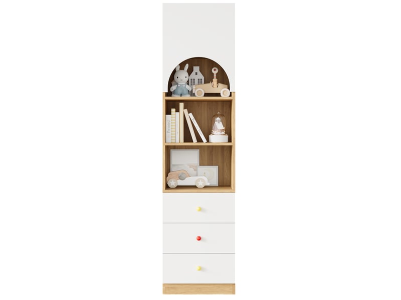  Bibliothèque haute 50x50x200 cm 3 tiroirs 3 niches porte cintrée, poignées en céramique, mdf blanc et aspect bois  - Conforama A