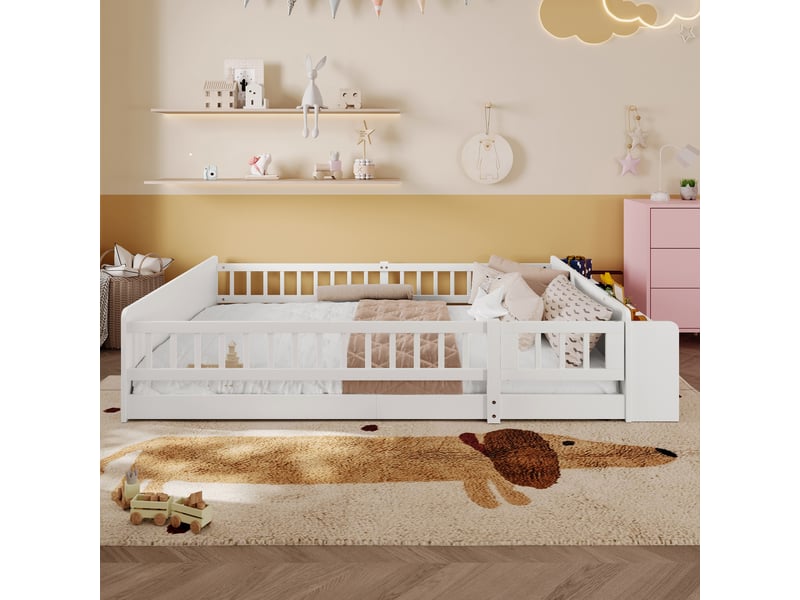  Lit enfant 140x200 cm avec rangements ouverts et porte-barrière en pin et mdf blanc  - Conforama D