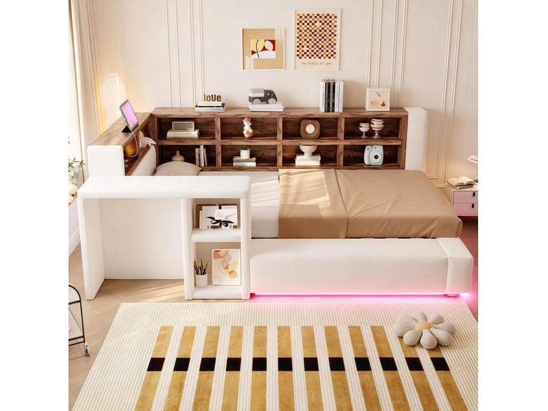  Lit avec tête de lit rembourrée modenvie 90 x 200 cm avec rangements, éclairage led, prises intégrées et banquette beige  - Conforama D