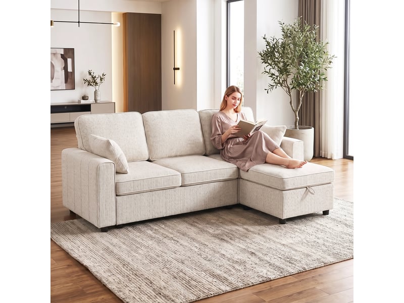  Canapé d'angle convertible en chenille, beige, canapé-lit 3 places modulaire 225 cm avec pouf de rangement  - Conforama R