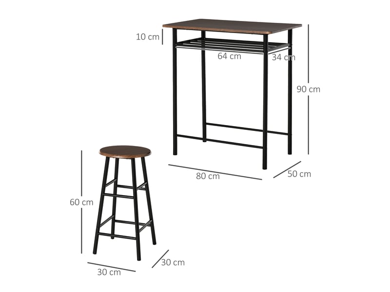  Table haute avec 2 tabourets pour cuisine, salon, bar, structure en acier avec repose-pieds et étagère  - Conforama E