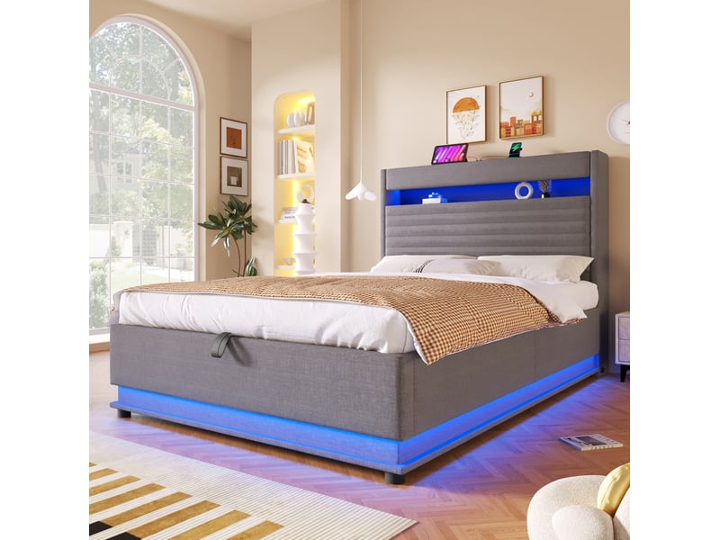  Lit coffre 2 places 140x200 cm avec led, usb et type-c coloris gris  - Conforama B