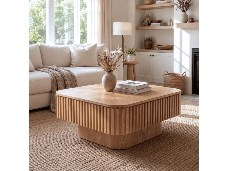  Table basse carrée 75 cm avec rangement caché, mdf plaqué bois laqué, style moderne pour votre salon  - Conforama E