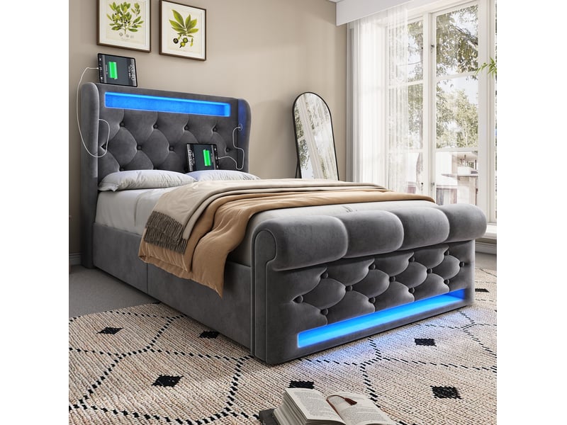  Modenvie lit coffre 90x200 cm - led intégrée, ports usb-c et rangement - avec matelas inclus - gris  - Conforama D