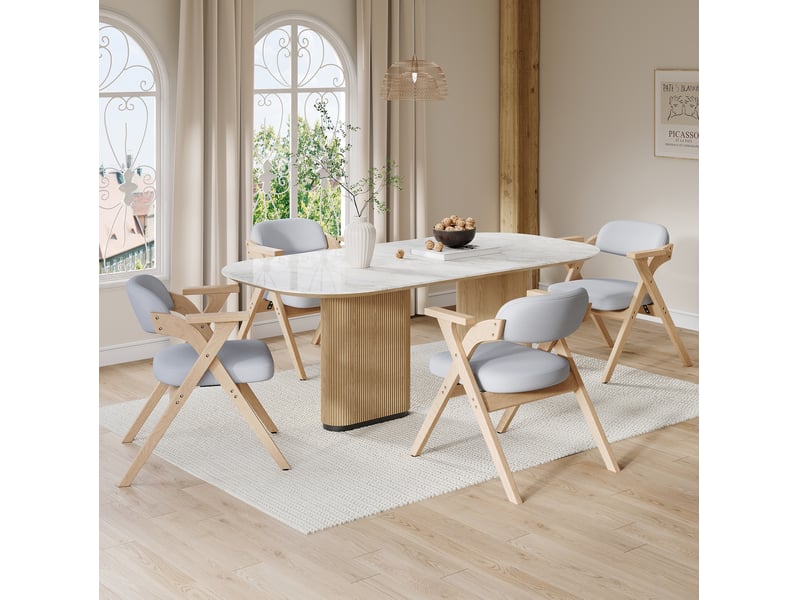  Lot de 6 chaises de salle à manger pliantes avec accoudoirs, rembourrées en lin et bois gris  - Conforama D
