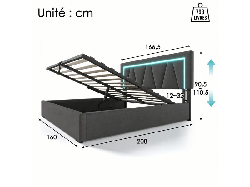  Lit coffre 160x200 avec éclairage led, tissu effet lin gris, usb et sommier  - Conforama C
