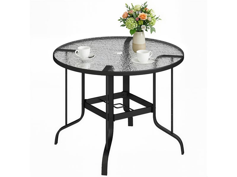  Table de jardin ronde avec trou pour parasol, métal et verre trempé, ø96,5 x 71 cm, noire  - Conforama A
