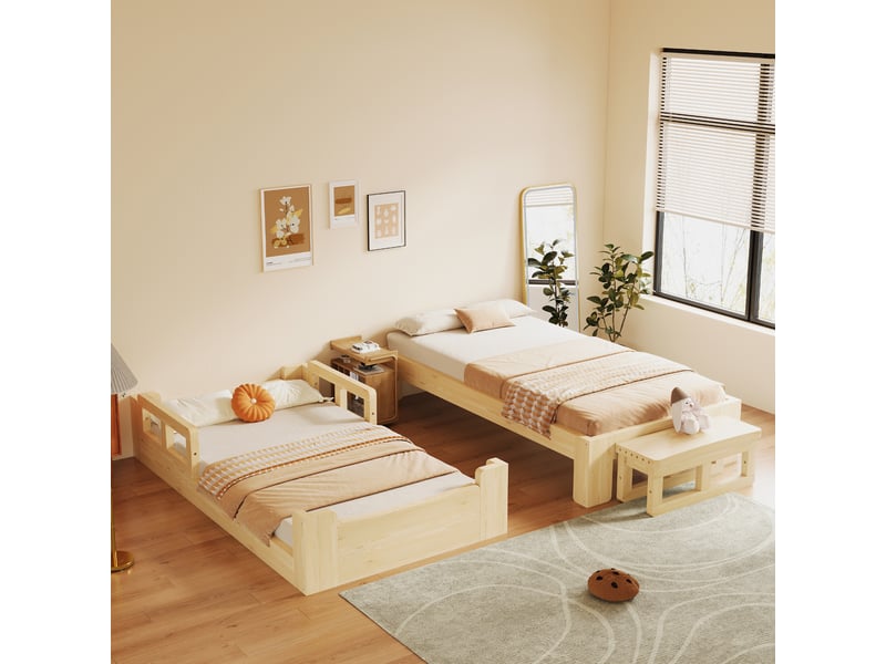  Lit évolutif enfant 90x200cm en bois naturel, lit bas avec barrières ou lit simple avec banquette, sommier à lattes intégré, pratique au quotidien  - Conforama B
