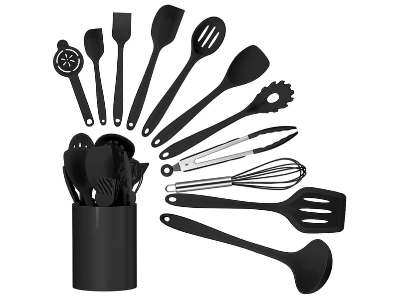  Set de 12 ustensiles de cuisine en silicone noir avec support chicfurn  - Conforama A