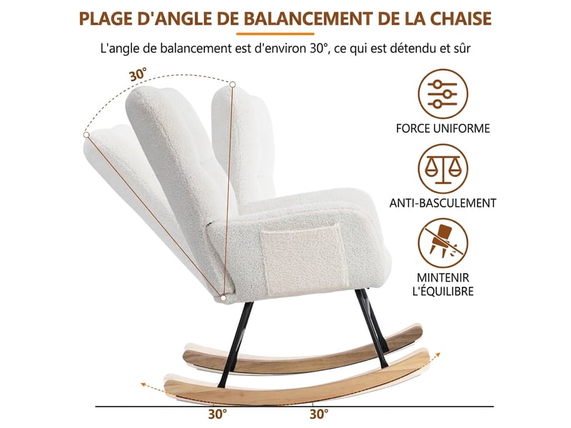  Fauteuil à bascule blanc avec repose-pieds, tissu bouclette et cadre en bois d'hévéa, siège lounge, 92 cm  - Conforama W