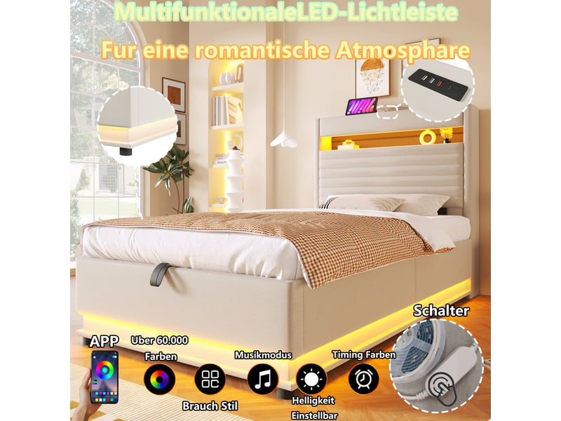 Lit rembourré beige 90x200 cm en lin, rangement hydraulique, led, usb-c - Conforama B