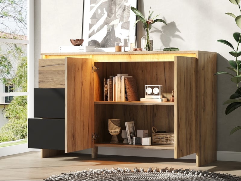  Buffet de cuisine, 3 tiroirs et 2 portes, armoire de rangement, meuble, 120 x 76 x 40 cm, marron  - Conforama B