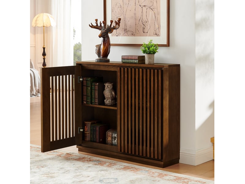  Buffet vintage 99x23,5x82,6 cm en mdf et bois de noyer avec portes sculptées et ouvertures pour prises électriques 4071298391725 - Conforama C