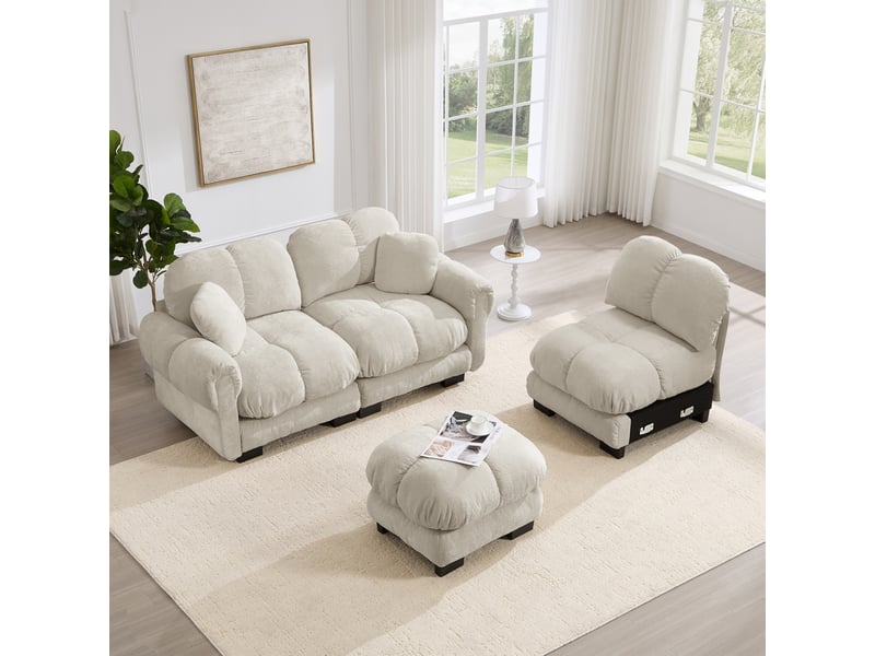  Canapé d'angle 3 places modenvie en l style nuage avec ottomane mobile, tissu chenille, 260 x 149 x 90 cm, kaki clair  - Conforama D