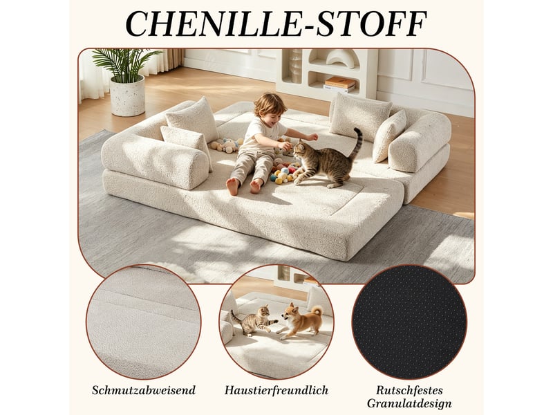 Canapé-lit convertible 2 places,200x95x68cm,canapé modulable 4 en 1 en tissu chenille,dossier réglable,4 coussins inclus,aucun montage requis,beige - Conforama E