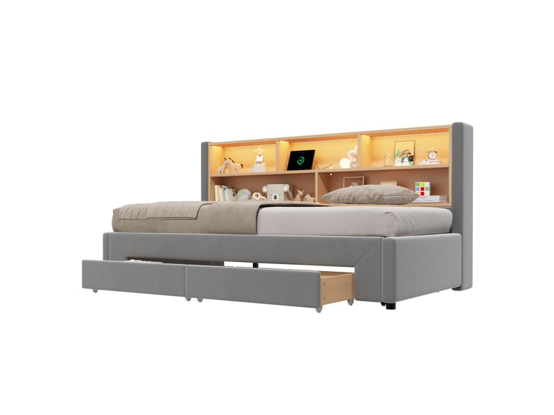  Lit avec lit gigogne et rangement gris, 90x200 cm extensible 180x200 cm, velours  - Conforama D