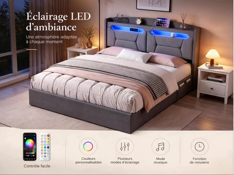  Lit coffre 140x190 cm ezssw, coloris gris  - Conforama D