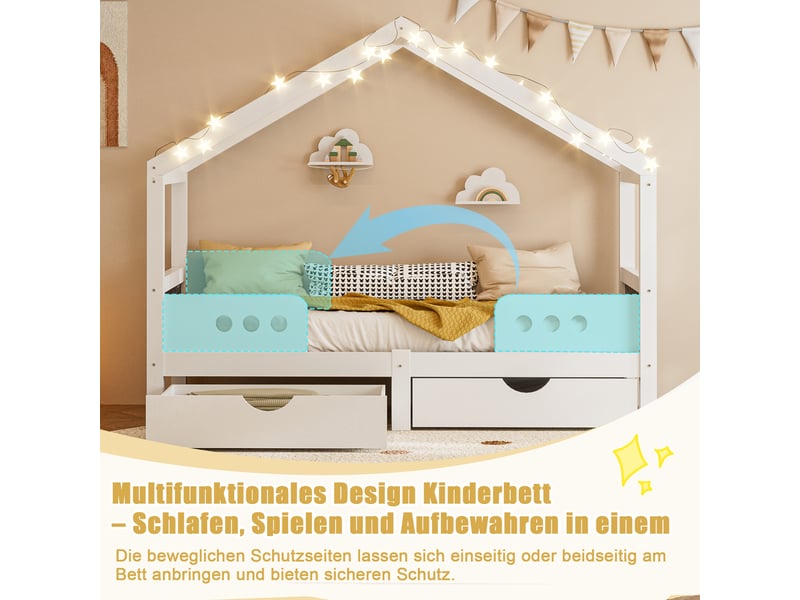  Lit cabane enfant 90 × 200 cm 1 place avec 2 tiroirs et tableau, sans matelas, en bois, blanc  - Conforama E