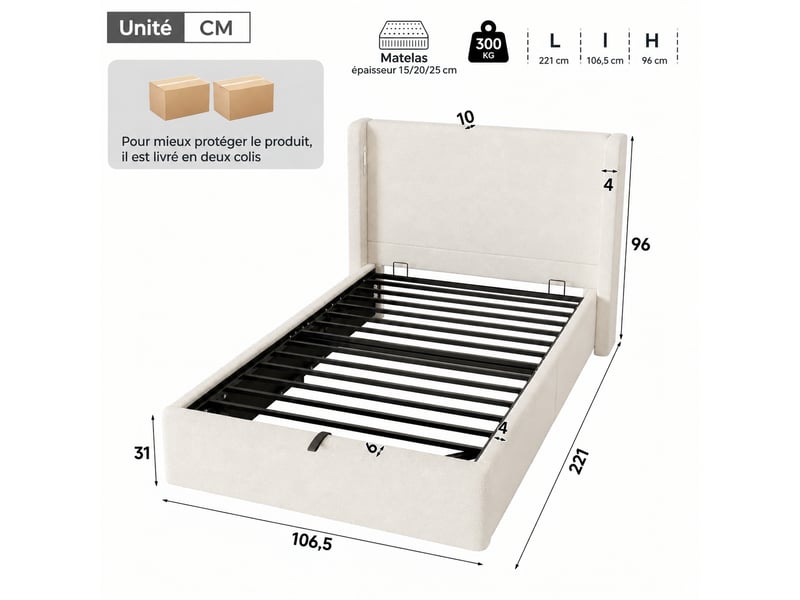 Lit enfant coffre 90 x 200 cm avec led, usbtype-c, sommier à lattes, bouclé beige - Conforama C