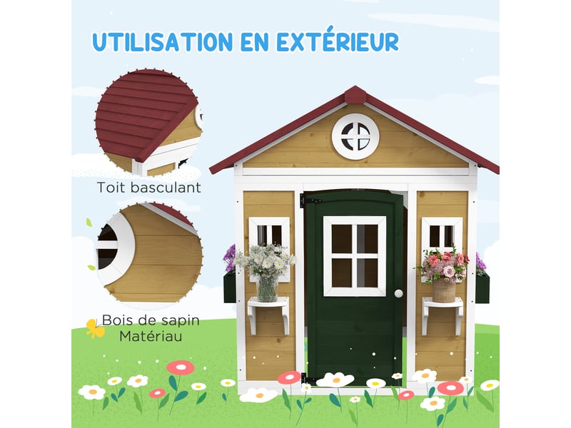  Cabane enfant extérieur maison enfant extérieure avec porte fenêtres et jardinières beige 114 x 126,4 x 135 cm  - Conforama E