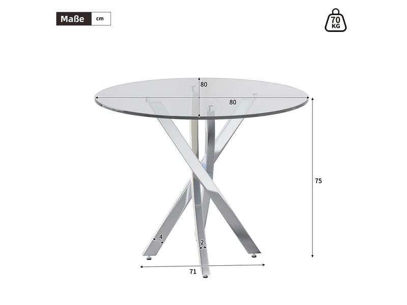  Table à manger ronde 80 x 80 x 75 cm en verre trempé, pieds croisés en métal argenté  - Conforama C
