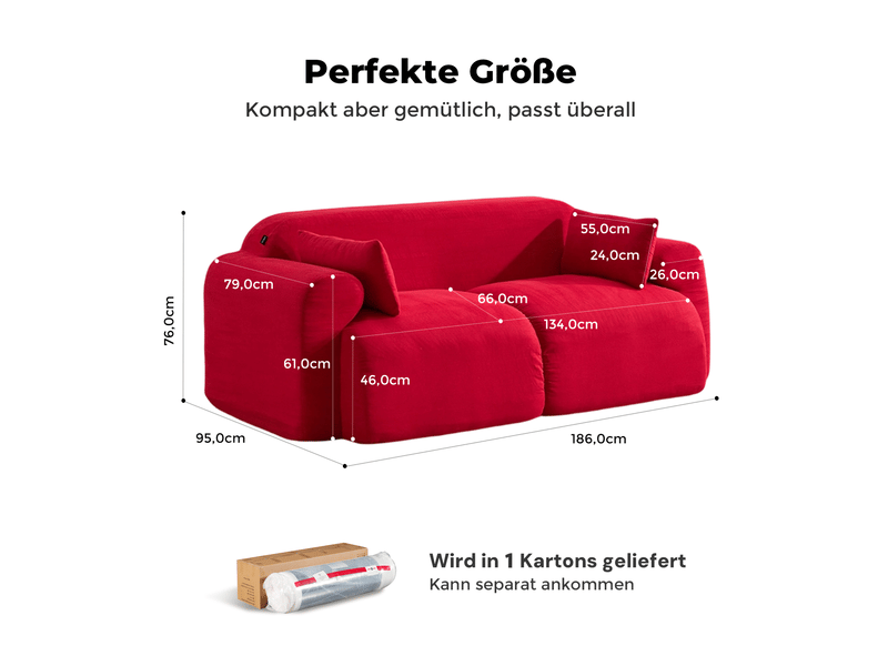  Canapé 2 places modenvie en velours côtelé rouge 186 x 95 x 76 cm  - Conforama C