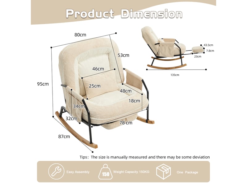  Fauteuil à bascule xxl avec repose-pieds, rocking-chair à dossier réglable, coussin rembourré, poche latérale, revêtement fausse fourrure, beige Seren Glow - Conforama C