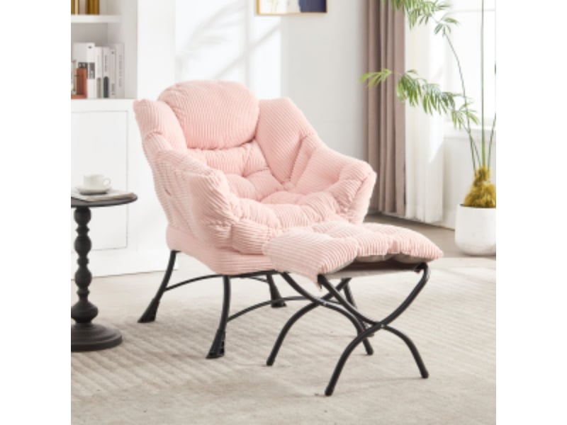  Fauteuil relax avec repose-pieds - 70x64x95cm - chaise lounge rembourrée avec poche latérale et pieds acier - rose  - Conforama B