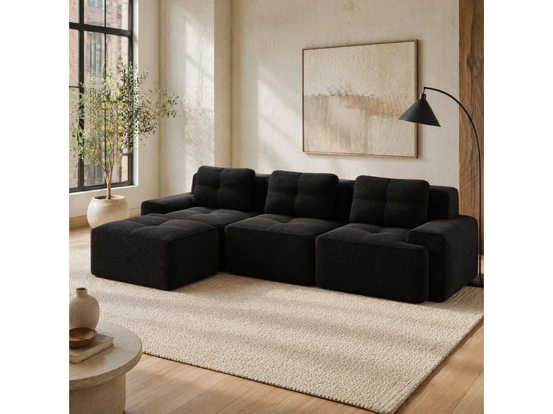  Canapé modulable d'angle 3 places avec ottoman en velours côtelé noir - 293 x 177 x 69 cm  - Conforama B