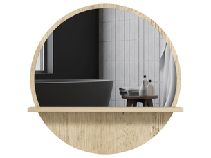 Miroir rond mural de salle de bain avec 1 étagère de rangement - ø 45 x 10h cm - panneau de particules