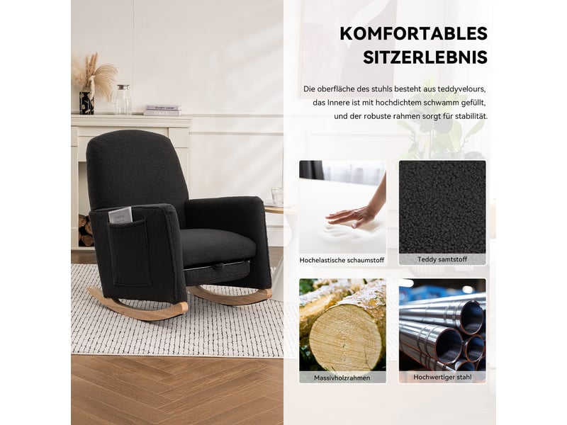  Fauteuil à bascule avec repose-pieds en tissu peluche gris foncé  - Conforama D