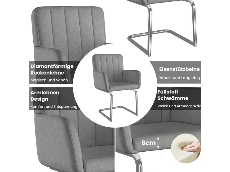  Chaise de salle à manger lot de 6 avec dossier ergonomique et pieds en z empilables en similicuir gris  - Conforama D